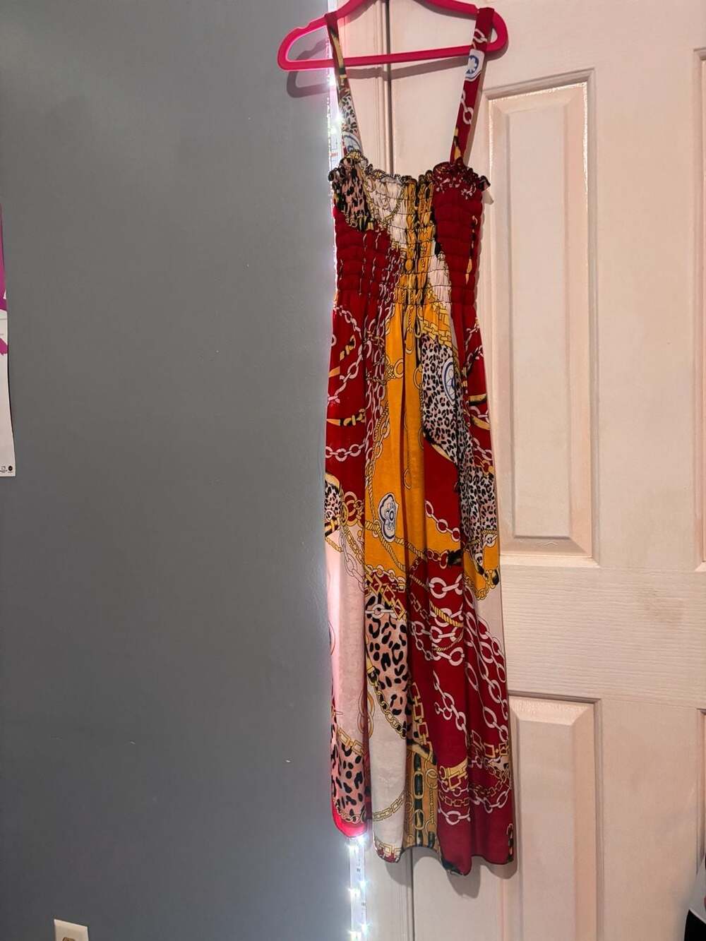 Women's Red and Gold Chain Print Smocked Maxi Dress